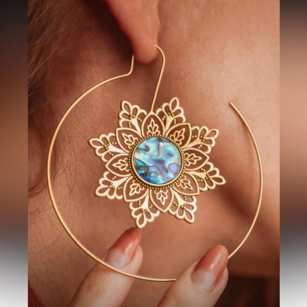 Gold and Blue Floral Hoop Earrings A1375